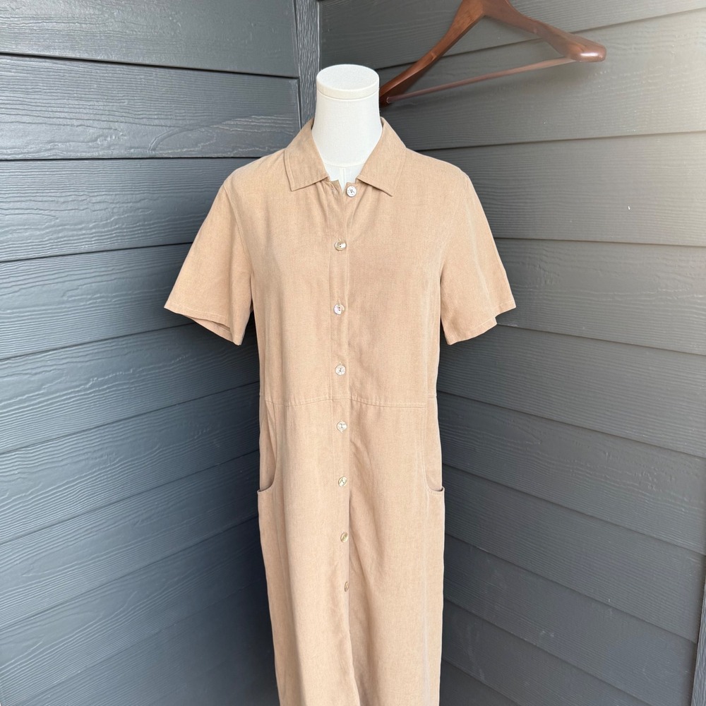 Talbots Womens 6 Tan Linen Blend Utility Midi Shirt Dress 90s Quiet Luxury